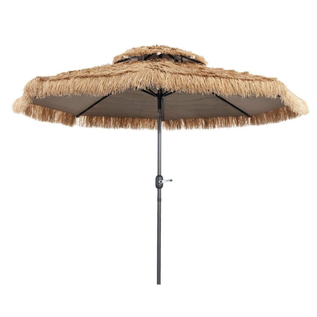 Hawaii Premium Natur Aluminium Parasol 275 cm  – Eksklusiv skygge med tropisk stemning Skab en afslappet ferieatmosfære i haven, på terrassen eller ved stranden med denne elegante Hawaii Premium parasol. Parasollen kombinerer et flot tropisk design med solide materialer og praktiske funktioner, så du får både effektiv solbeskyttelse og et eksklusivt udtryk til dine udendørs omgivelser. Den store skærm giver behagelig skygge på varme sommerdage, mens den robuste aluminiumsstang med håndsving og vippefunktion gør det nemt at justere parasollen efter solen.